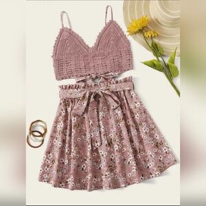 SHEIN VCAY Crochet Self-Tie Cami Top & Belted Floral Skirt Set